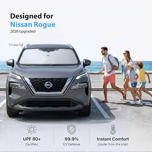 2026 Upgraded Windshield Sun Shade Umbrella for Nissan Rogue [Precision Custom Fit, Superior UV & Heat Block] Cooling Tech Fabric, Durable Foldable with Storage Bag, Fits 2008-2025