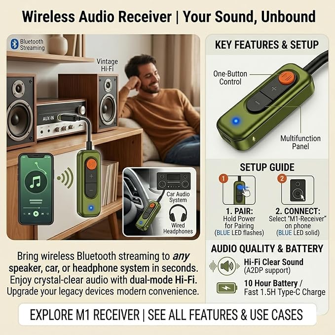 Bluetooth 5.4 Audio Receiver,3.5mm AUX Wireless Audio Adapter,Bluetooth Receiver for Car,Home Stereo,TV,Computer,Gym,Support aptX Low Latency