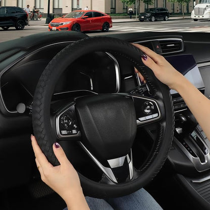 Leather Steering Wheel Cover Men，with Black Woven Pattern Car Accessories ，Anti-Slip, Safety, Soft, Breathable, Adaptable to 14.5-15 inches Steering Wheel Fit SUV， Jeep， Van，Sedan，Car