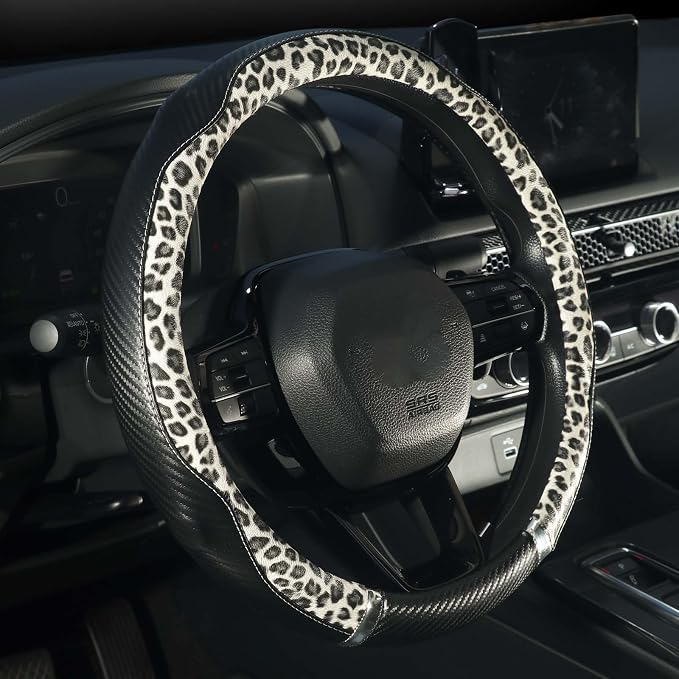 KAFEEK Leopard Print Steering Wheel Cover for Women, Classy Carbon Fiber and Soft Microfiber Leather, 15 Inch Universal Car Wheel Protector, Aesthetic Off-White Cheetah Print, Anti-Slip & Breathable