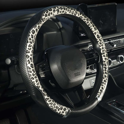 KAFEEK Leopard Print Steering Wheel Cover for Women, Classy Carbon Fiber and Soft Microfiber Leather, 15 Inch Universal Car Wheel Protector, Aesthetic Off-White Cheetah Print, Anti-Slip & Breathable