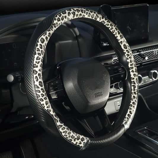 KAFEEK Leopard Print Steering Wheel Cover for Women, Classy Carbon Fiber and Soft Microfiber Leather, 15 Inch Universal Car Wheel Protector, Aesthetic Off-White Cheetah Print, Anti-Slip & Breathable