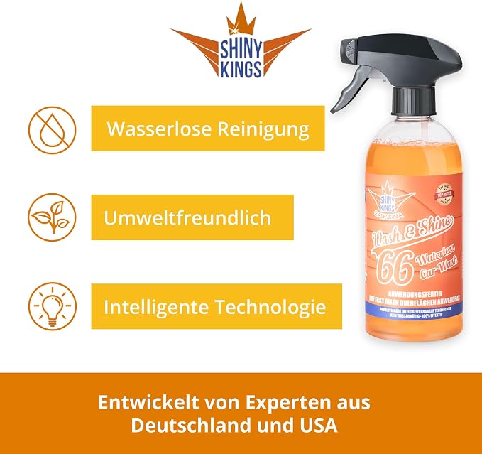Shinykings Wash&Shine 66 WATERLESS Car Wash | Ultra Car Shine Effect | Powerful Car Soap for All Surfaces | Scratch-Free Car Cleaner | 16.9 fl.oz.