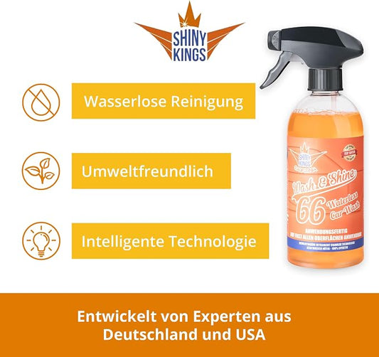 Shinykings Wash&Shine 66 WATERLESS Car Wash | Ultra Car Shine Effect | Powerful Car Soap for All Surfaces | Scratch-Free Car Cleaner | 16.9 fl.oz.