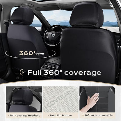 Coverado Full Set Leather Car Seat Covers, Crafted with Full Leather Construction and Carbon Fibre Weave Universal Fit for Most Cars SUV Trucks(Black