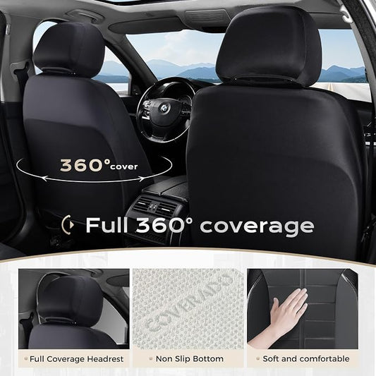 Coverado Full Set Leather Car Seat Covers, Crafted with Full Leather Construction and Carbon Fibre Weave Universal Fit for Most Cars SUV Trucks(Black