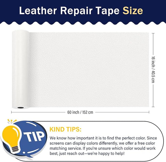 Zenyao Leather Repair Patch Tape - Self Adhesive Leather Repair Kit for Car Seat Furniture, Heavy Duty Vinyl Repair Patch for Couch Sofa, Waterproof for Rips Scratches Tears, 16x60 Inch Roll, White