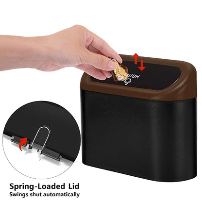 Ginsco Mini Car Trash Can with Lid, Small Car Garbage Can, Cute Leakproof ABS Car Trash Bin, Car Accessories for Interior, Garbage Bin for Car, Home, Office with 60pcs Trash Bags Black/Brown