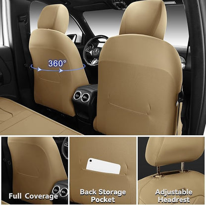 CAR PASS Luxury Nappa Leather Seat Covers Full Set, Water Resistant Faux Leather Seat Cover with Lumbar Support, Breathable Automotive Seat Covers Universal Fit for Sedan SUV Van Truck, Pure Beige
