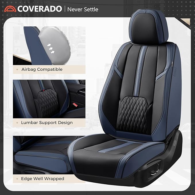 Coverado Car Seat Covers, Front and Back Seat Covers, Universal Seat Cover for Cars with Lumbar Support, Faux Leather Car Seat Protector Waterproof Car Seat Cushions Fit for Most Vehicles (Blue&Black)