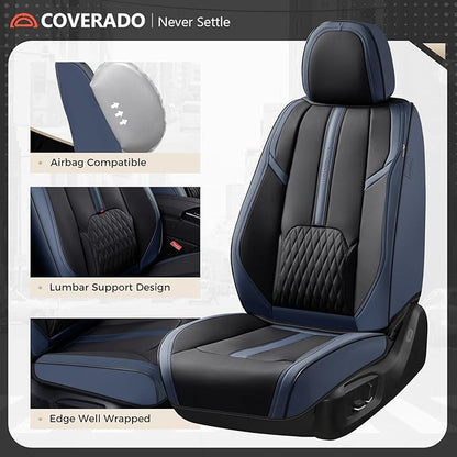 Coverado Car Seat Covers, Front and Back Seat Covers, Universal Seat Cover for Cars with Lumbar Support, Faux Leather Car Seat Protector Waterproof Car Seat Cushions Fit for Most Vehicles (Blue&Black)