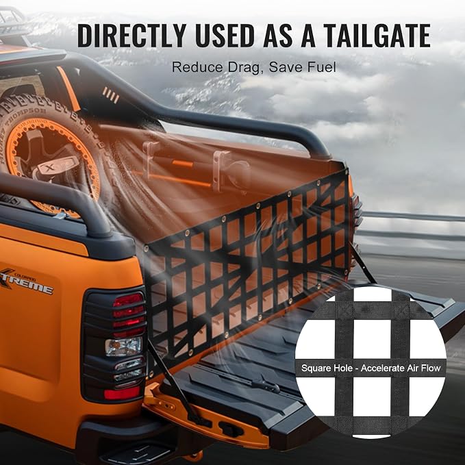 VEVOR Tailgate Net for Truck Bed, 54 in x 18 in, Cargo Net Durable with 4 Adjustable Buckle Straps, Cross-Reinforced Design, Extendable & Durable, Suitable for Truck, Trailer, Pickup, Boat, Jeep, SUV