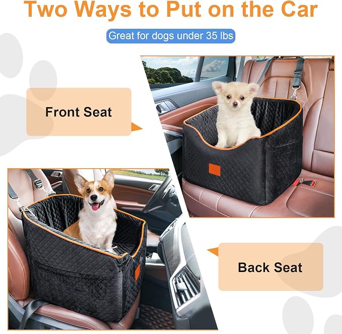 XIEEAOZEE Dog Car Seat for Small Dogs, Memory Foam Booster Dog Seat for Dogs up to 35 lbs, Elevated Pet Car Seat with Washable Removable Cover, Storage Pockets (Black)