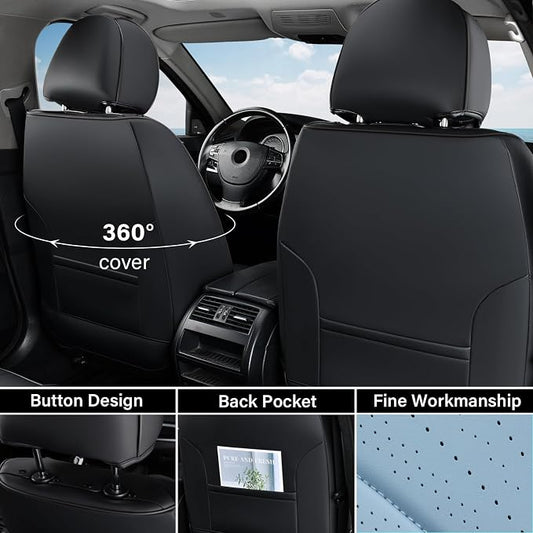 Coverado Car Seat Covers Front, Nappa Leather Seat Covers for Cars, Waterproof Seat Covers with Lumbar Support, Automotive Seat Covers Universal Fit for Most Cars SUV Trucks (Front, Black-Blue)