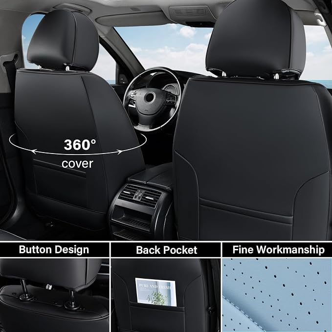 Coverado Full Set Car Seat Covers, Nappa Leather Seat Covers for Car, Waterproof Car Seat Protector with Lumbar Support, Automotive Seat Covers Universal Fit for Most Cars SUV Trucks (Black-Blue)