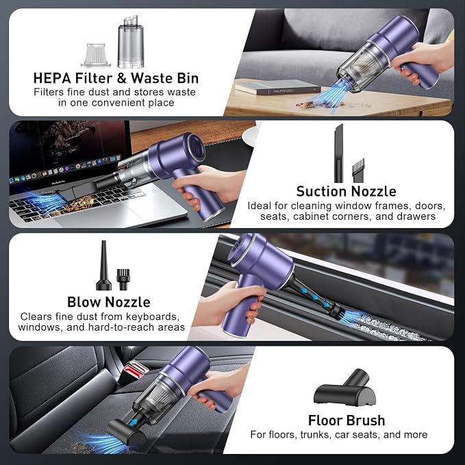 KMM Handheld Car Vacuum Cleaner, 9000PA Vacuum Cleaner & Air Duster, 120W High Power Vacuum Portable Cordless, Hand Held Vacuum Rechargeable with Multi-Nozzles & LED Light for Home, Car, Office