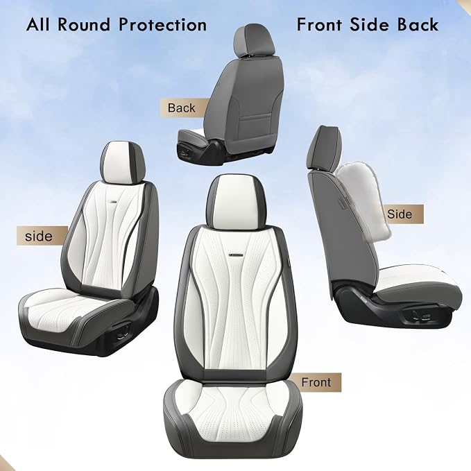 Coverado Seat Covers Full Set, Leather Car Seat Covers, Waterproof Seat Covers for Cars, Front and Back Seat Covers, Car Seat Protectors Car Seat Cushions Universal Fit for Most Cars, Gray&White