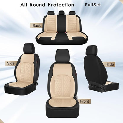Coverado Universal Leather Seat Covers Full Set for 5 Seats – Waterproof, Durable All-Weather Protector for SUV, Pickup Truck, Sedan, Black&Beige