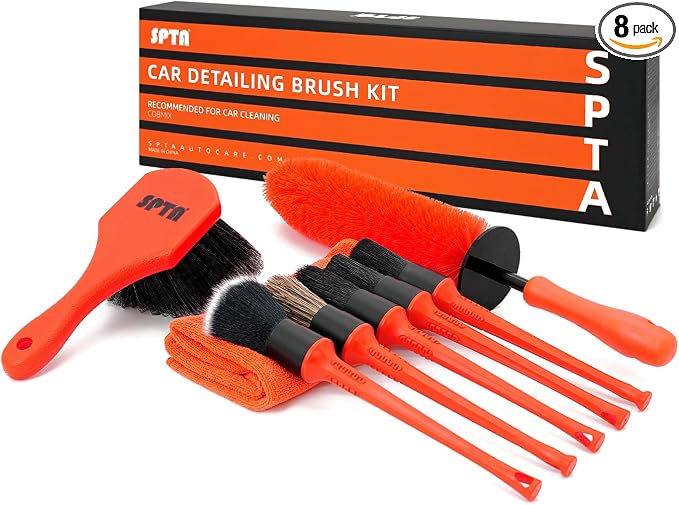 SPTA 8Pcs Wheel & Tire Brush Car Detailing kit, Easy Reach Wheel and Rim Brush, 5pcs Detailing Brushes, Short Handle Cleaning Brush, 1pc Microfiber Cleaning Cloth, Great to Clean Dirty Tires