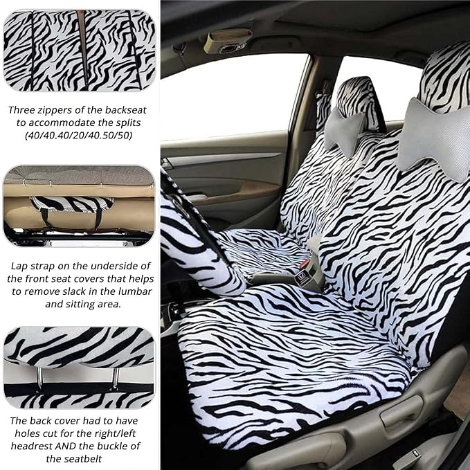 AUTOFAN Zebra Car Seat Covers for Full Set with 2 Seat Belt Pads & Universal 15 Inch Steering Wheel Cover Fit for Cars, Trucks, SUV, or Van