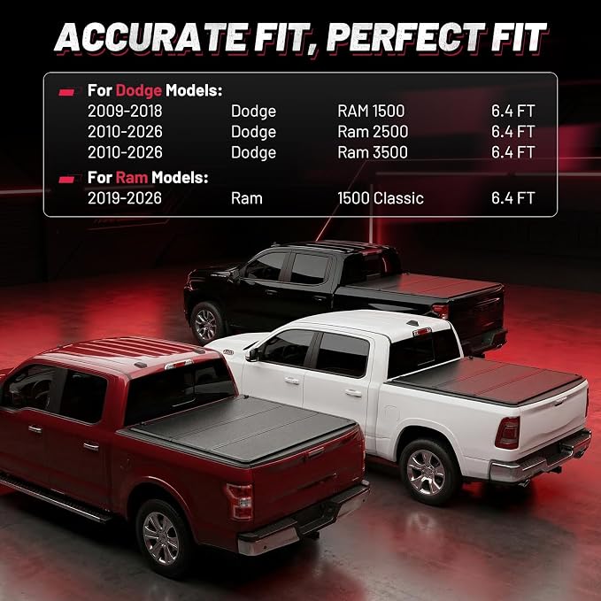 BDFHYK Hard Tri-Fold Tonneau Cover for Ram 1500 2009-2018 1500 Classic 2019-2026 2500/3500 2010-2026 6.4 FT Bed, Waterproof, Low Profile, Anti-Theft Lock, Easy Install, Incompatible with RamBox
