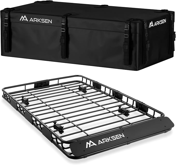ARKSEN 64" x 39" Roof Rack Cargo Basket with Extension, 150 lbs Heavy Duty Rooftop Carrier, Car Top Luggage Holder for SUV Truck Car, Includes 21.5 Cu Ft Waterproof Cargo Bag for Travel Camping