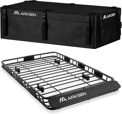 ARKSEN 64" x 39" Roof Rack Cargo Basket with Extension, 150 lbs Heavy Duty Rooftop Carrier, Car Top Luggage Holder for SUV Truck Car, Includes 21.5 Cu Ft Waterproof Cargo Bag for Travel Camping