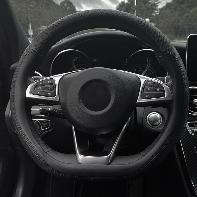 D Shaped Steering Wheel Cover, Flat Bottom Car Wheel Cover 14 1/2-15 inch (37-39 cm), Non-Folding Packaging, Microfiber Leather, Black