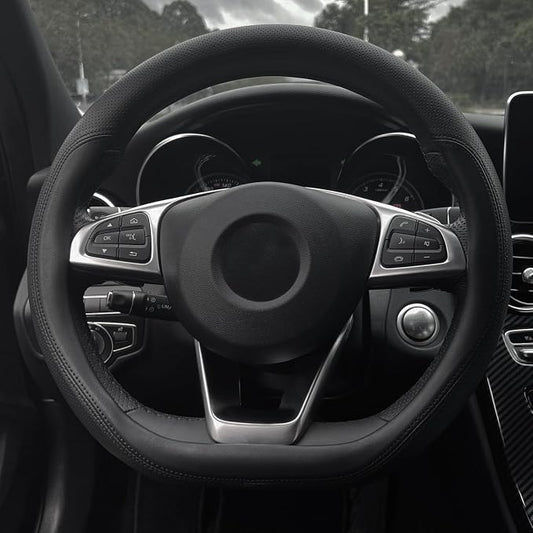 D Shaped Steering Wheel Cover, Flat Bottom Car Wheel Cover 14 1/2-15 inch (37-39 cm), Non-Folding Packaging, Microfiber Leather, Black