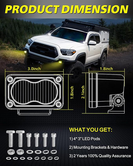 LED Pods 4Pcs 3" 80W Driving Flood CREE LED Pod Lights | White + Yellow Small Off Road Lights Backup Reverse Scene Lights for Trucks Motorcycle UTV ATV SUV Dirt Bike