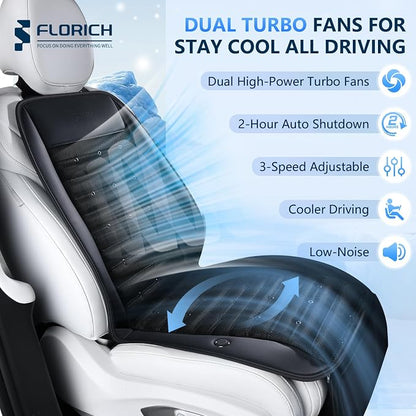FLORICH Cooling Car Seat Cover with 2 Powerful Turbo Fans Ventilated Seat Cushion 3-Speed Adjustable 12V-24V Breathable Cooling Car Seat Pad for Summer Driving Universal Fit for Car SUV Truck Van