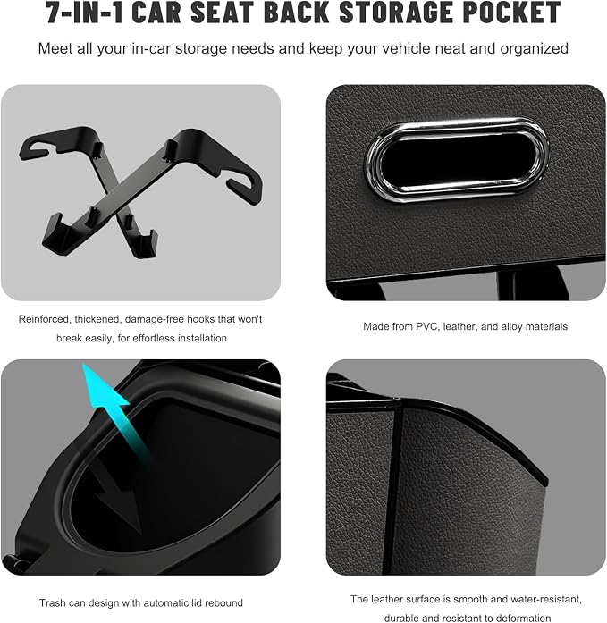 Car Backseat Organizer, 7-In-1 Multifunctional Car Headrest Storage Box with Hook Phone Holder & Cup Holder, Vehicle Hanging Seat Back Organizer for Hold Phone Snacks Drinks (Black)