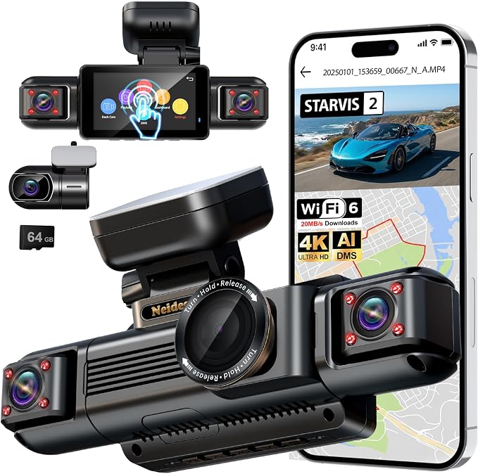 4K STARVIS 2 Dash Cam Front Rear, 5.8GHz WiFi 20MB/s Download, Free 64GB Card, 4 Channel 360° Dash Camera, 3" Touch Screen, AI Driver Monitor System, WDR Night Vision,HDR GPS,24H Parking Mode(N300Pro)