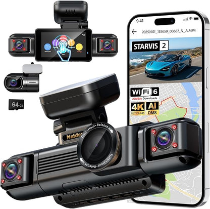 4K STARVIS 2 Dash Cam Front Rear, 5.8GHz WiFi 20MB/s Download, Free 64GB Card, 4 Channel 360° Dash Camera, 3" Touch Screen, AI Driver Monitor System, WDR Night Vision,HDR GPS,24H Parking Mode(N300Pro)