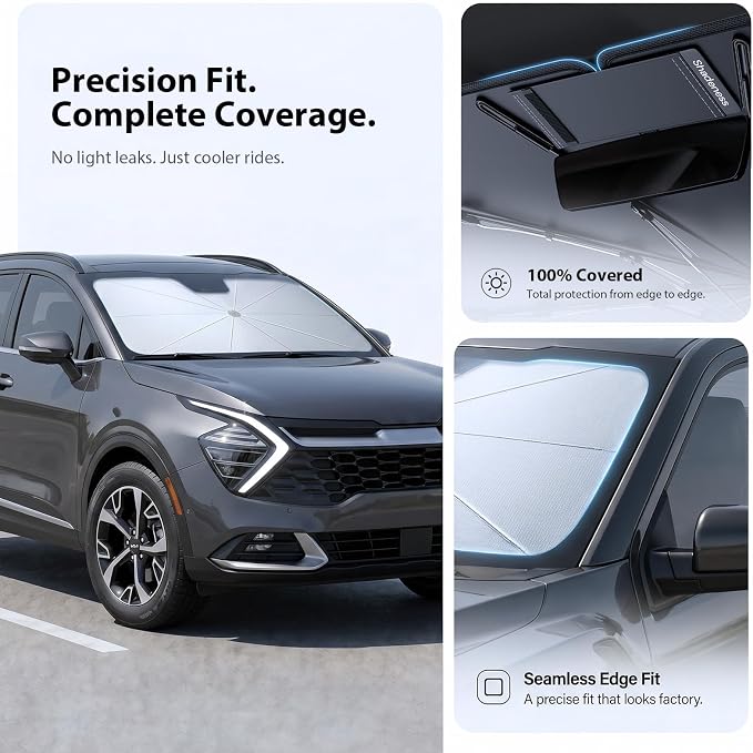 2026 Upgraded Windshield Sun Shade Umbrella for Kia Sportage [Precision Custom Fit, Superior UV & Heat Block] Cooling Tech Fabric, Durable Foldable with Storage Bag, Fits 2000-2002, 2005-2026