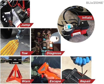 BLIKZONE Red Car Emergency Kit for Vehicles Road Trip, with All the Essentials as Flat Tire Repair, Jumper Cables, Digital Air Compressor, Multitool and All the Car Safety Accessories