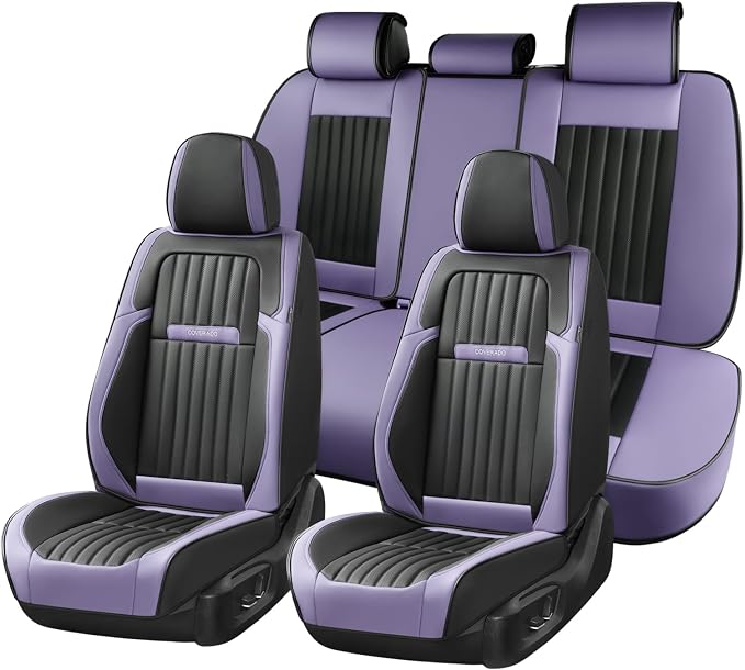Coverado Car Seat Covers Full Set, Seat Covers for Cars, Car Seat Cover, Car Seat Protector, Leather Car Seat Cushion, Waterproof Car Seat Covers Front Seats and Back Fit for Most Cars(Purple&Black)