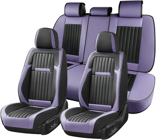 Coverado Car Seat Covers Full Set, Seat Covers for Cars, Car Seat Cover, Car Seat Protector, Leather Car Seat Cushion, Waterproof Car Seat Covers Front Seats and Back Fit for Most Cars(Purple&Black)