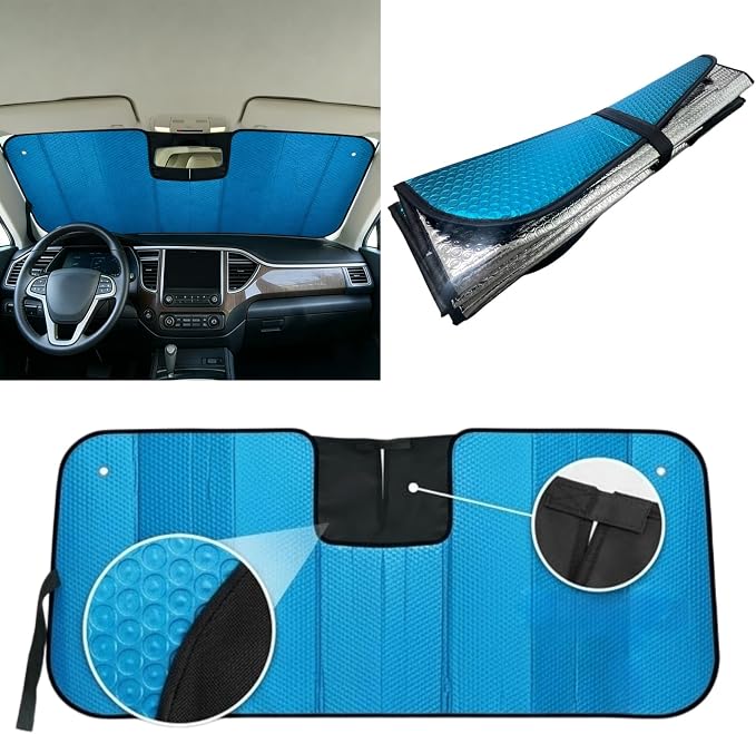 GWUSKDT Car Windshield Sunshade-Thicken 5-Layer Bubble Block Heat and Sun UV Rays,Front Windshield Sun Shade- Keeps Your Vehicle Cool - 58 x 27.5 Inch new Upgraded (New Lake Blue)