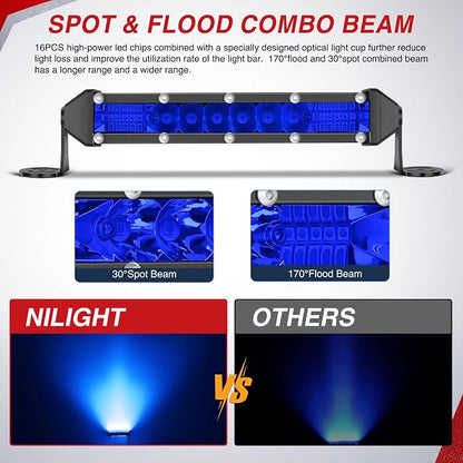 Nilight Slim LED Light Bar 2Pcs 7 Inch 16LED Single Row Spot Flood Combo Blue Off Road Driving Fog Fishing Hunting Emergency Safety Signal Lighting for 12V 24V ATV UTV Pickup Truck Tractor Boat