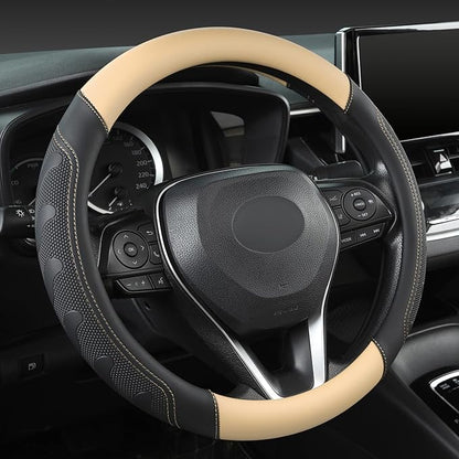 GIANT PANDA Car Steering Wheel Cover for Toyota RAV4,Camry,Highlander,Corolla,Prius,Tacoma,Standard Size - Black+Beige