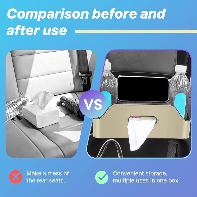 Car Seat Back Organizer, 3-in-1 Vehicle Backseat Storage Box with Cup Holder Tissue Box Trash Bin & Hooks, Multifunctional Auto Interior Headrest Organizer, Universal for SUV RV Truck (Beige)
