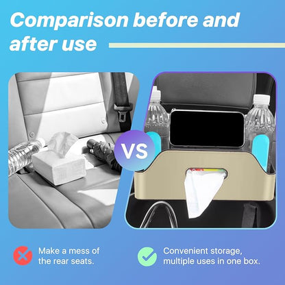 Car Seat Back Organizer, 3-in-1 Vehicle Backseat Storage Box with Cup Holder Tissue Box Trash Bin & Hooks, Multifunctional Auto Interior Headrest Organizer, Universal for SUV RV Truck (Beige)