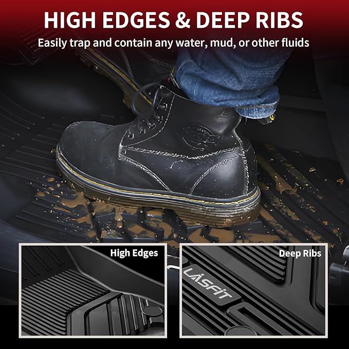 LASFIT Floor Mats for Ram 1500 Crew Cab 2019-2024 Without Rear Under-Seat Factory Storage 4 Full Size Doors Bucket Seat (NOT for Classic Model), All Weather TPE Custom Fit 1st & 2nd Row, Black