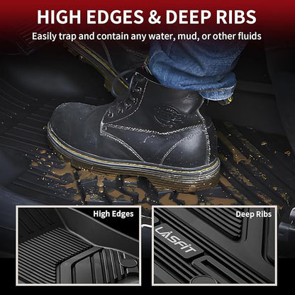 LASFIT Floor Mats for Ram 1500 Crew Cab 2019-2024 Without Rear Under-Seat Factory Storage 4 Full Size Doors Bucket Seat (NOT for Classic Model), All Weather TPE Custom Fit 1st & 2nd Row, Black