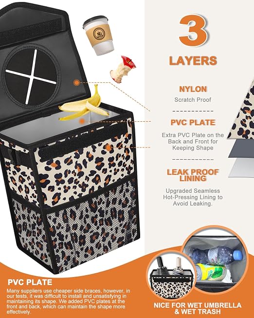 Pritent Car Trash Can with Lid, Cute Leakproof Car Trash Garbage Bag Hanging Vehicle Trash Bin Small Portable Automotive Garbage Cans Organizer for Back/Front Seat/Console(2.8 gal,Leopard