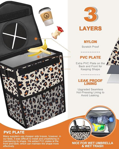 Pritent Car Trash Can with Lid, Cute Leakproof Car Trash Garbage Bag Hanging Vehicle Trash Bin Small Portable Automotive Garbage Cans Organizer for Back/Front Seat(Trapezoid,Leopard