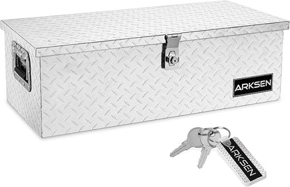 ARKSEN 30 x 13 x 10 Inch Diamond Plate Truck Bed Tool Box, Heavy Duty Waterproof Aluminum Toolboxes Storage Chest with Side Handle & Lock for Pickup Truck Bed, RV & Trailer – Silver