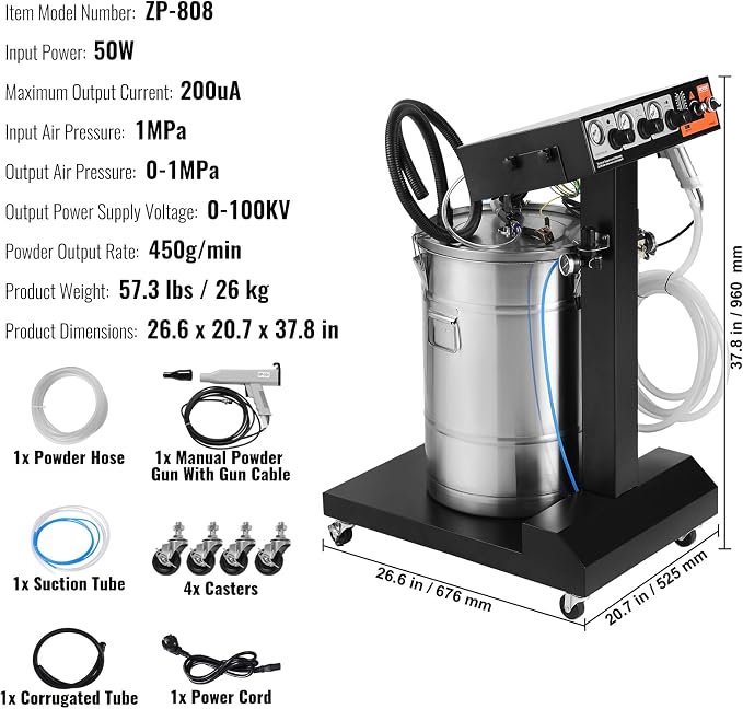 VEVOR Powder Coating System, 50W 100KV Electrostatic Output Machine with 50L Powder Hopper, 450g Per Minute Kit with Spray Gun and Trolley Base, Indoor and Outdoor