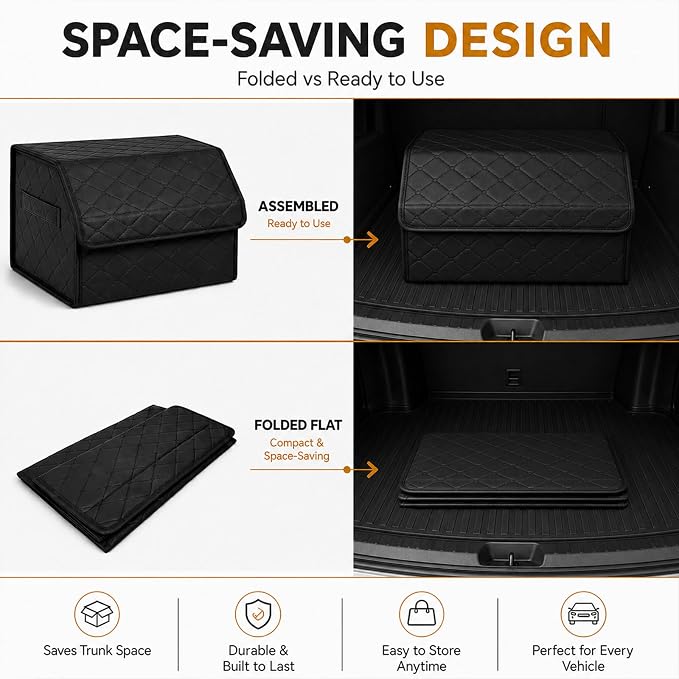 Leather Car Trunk Organizer with Lid,65L Foldable Storage Box for Universal Cars, SUVs, Sedans and MPVs, Removable Divider, Carry Handles, Black